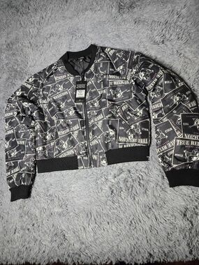 True Religion Womans  Crop Bomber Black and Gray And Pink Graphic